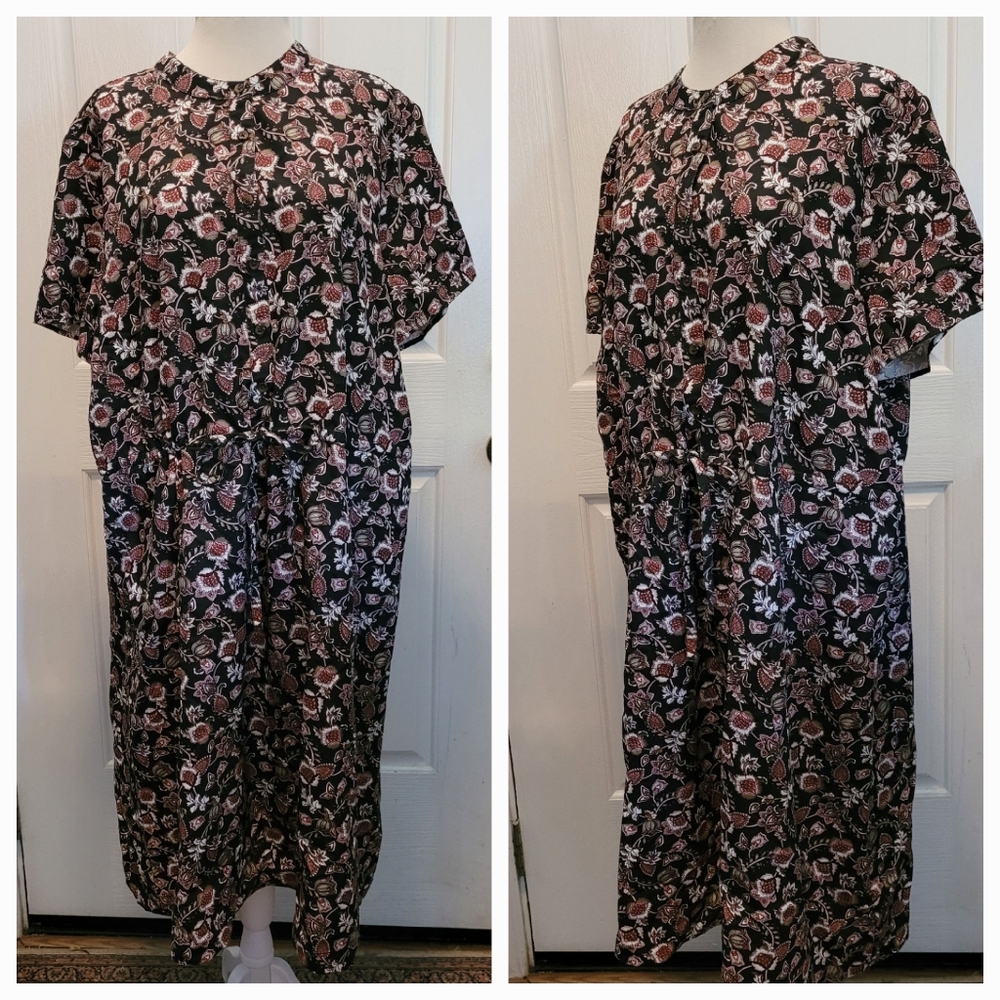 Lands End Dress Casual Brown Floral Paisley Size XL 18 Short Sleeve  Prairie